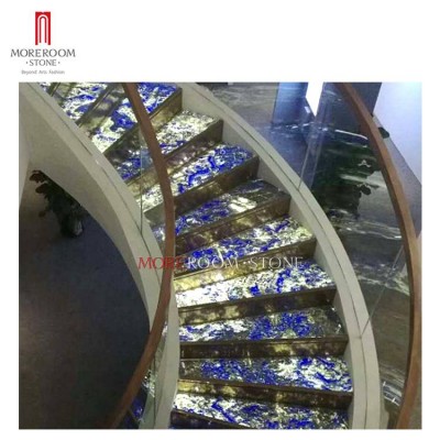 Luxury Semi Precious Backlit Translucent Sodalite Blue Granite Stone Spiral Stairs